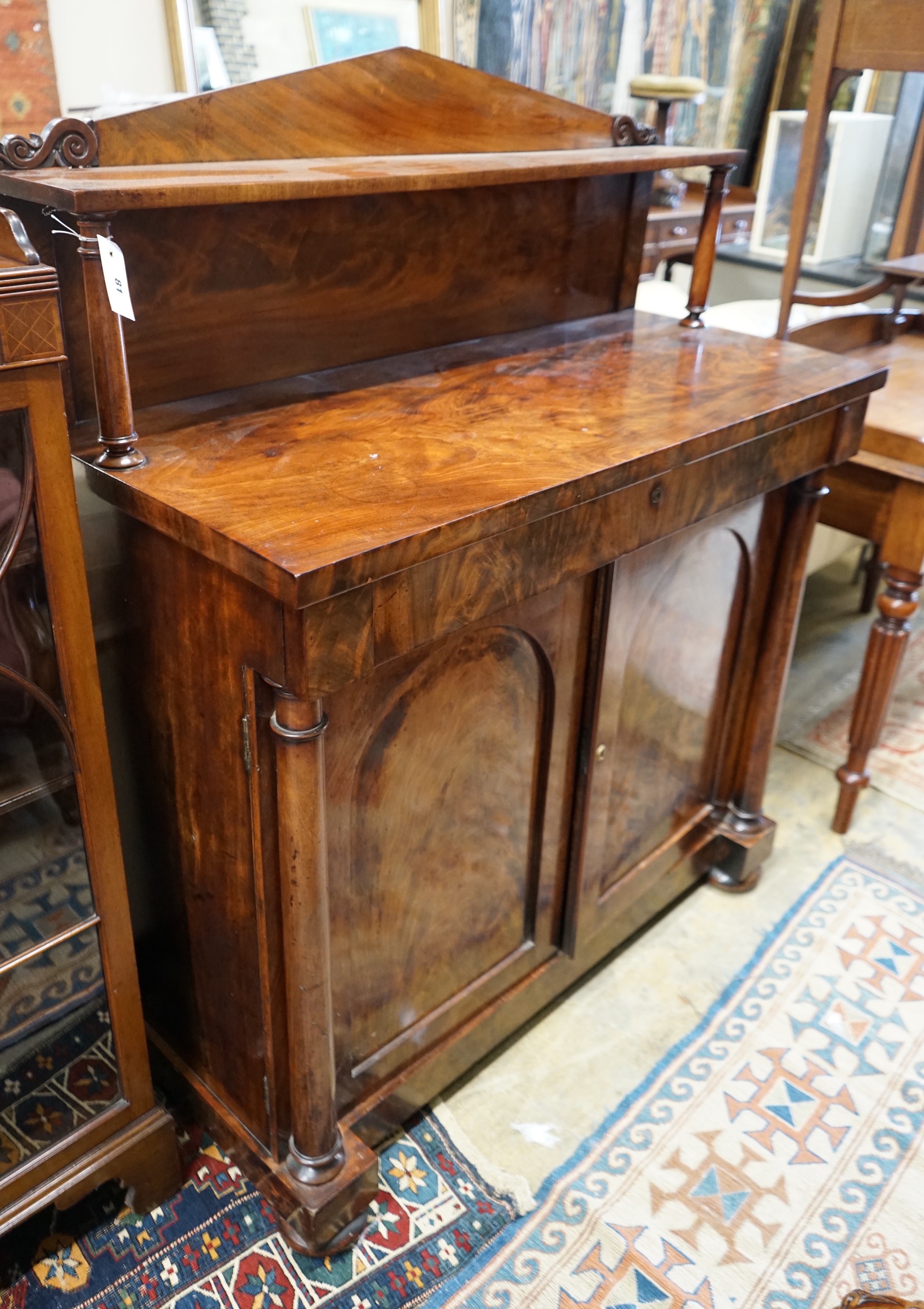 An early Victorian mahogany chiffonier, length 107cm, depth 47cm, height 132cm